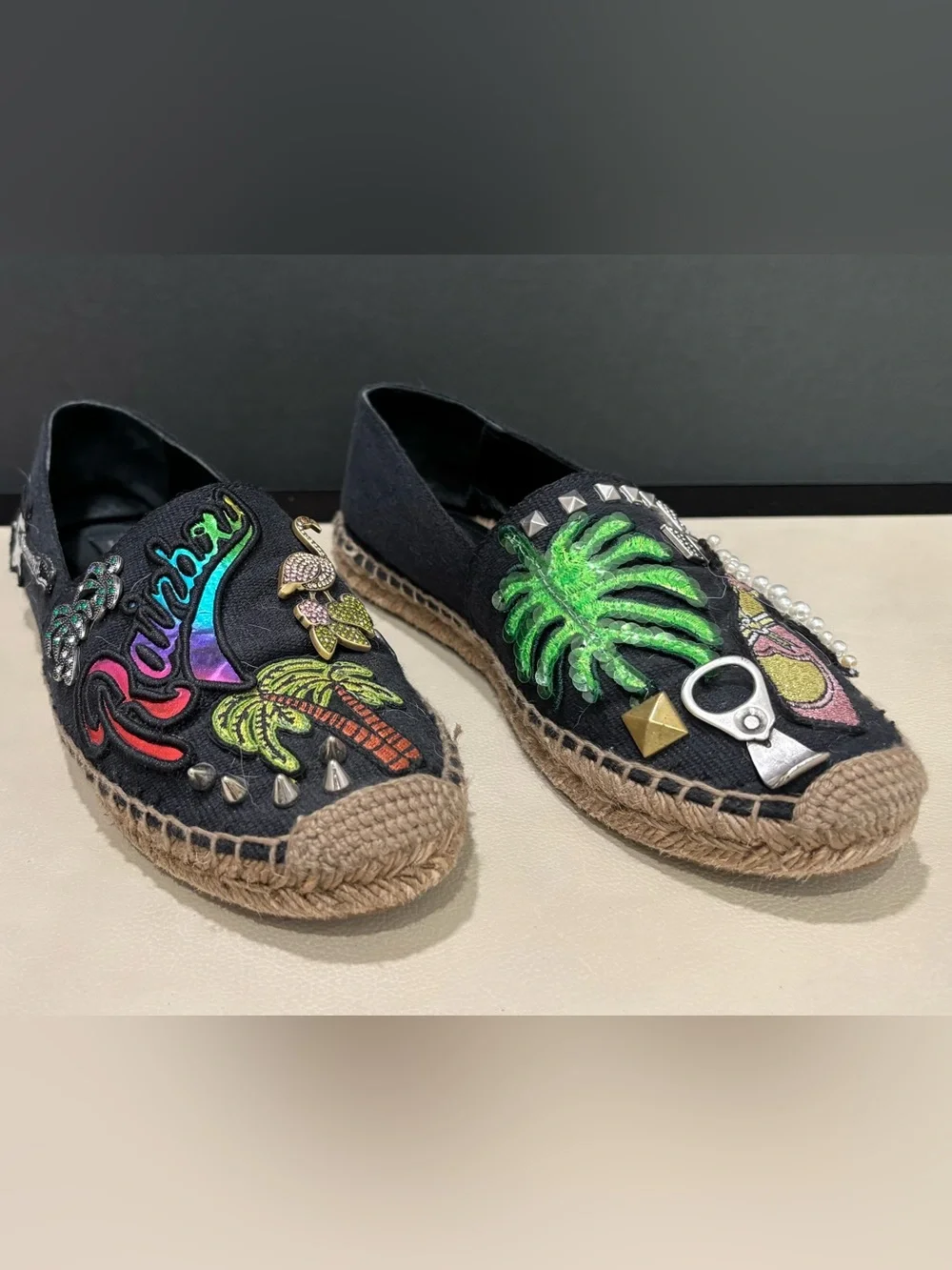 Marc Jacobs Espadrilles Embellished Black Canvas Size 35, 80s Retro Style Summer